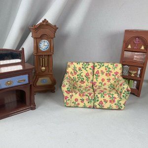 Loving Family Lot-Fabric 2 pc couch-Grandfather Clock-Corner Bookcase-Fireplace